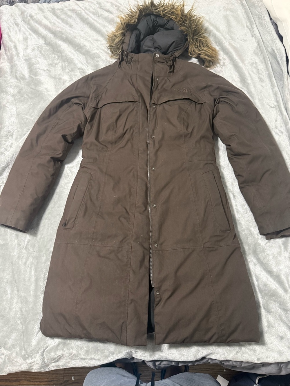 The North Face Brown Long Trench Coat with Faux-Fur Hood Trim